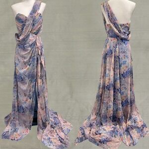 Bella Barnett Floral One Shoulder Maxi Dress High Slit Backless Lavender XL NWT